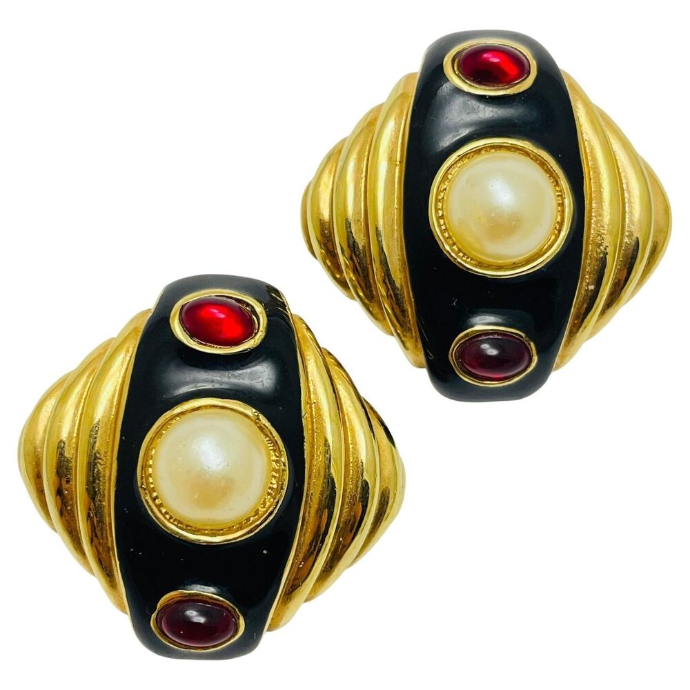 Vintage gold tone faux pearl red glass jewel mogul designer clip on earrings